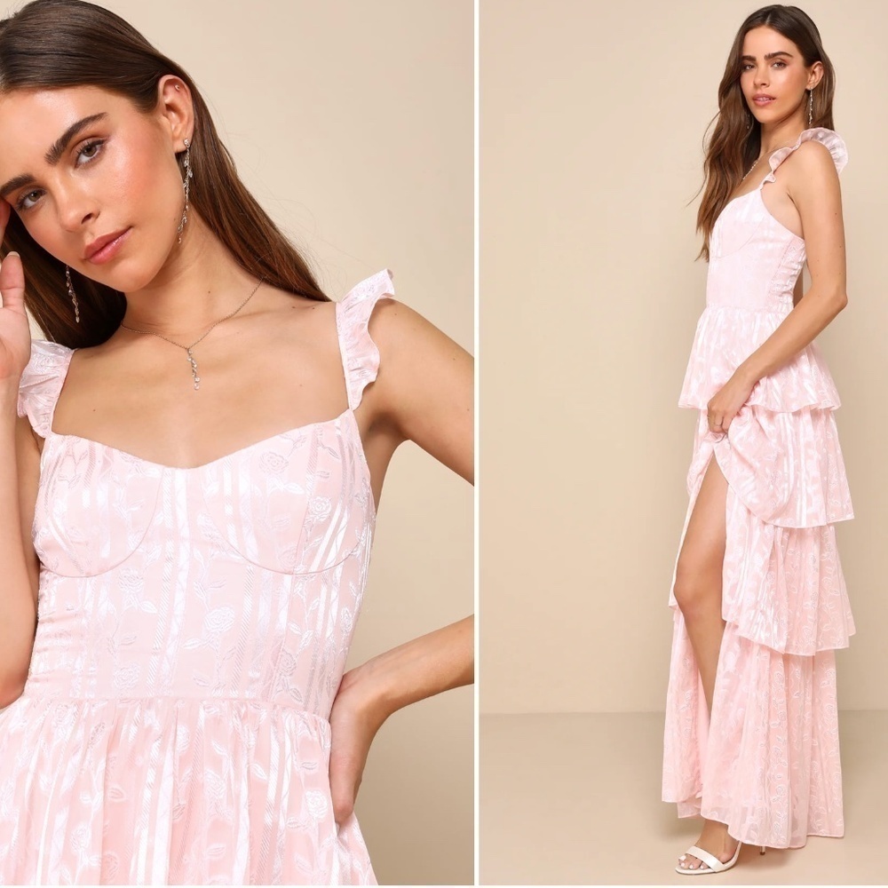 LULU's Flirty Floral Roses Prom Wedding Formal Event Sexy Tiered Ruffles Maxi